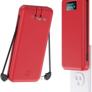 Portable Charger with Built-in Cables & AC Wall Plug,Ultra Slim 13800mAh USB-C Power Bank, 4 Output 2 Input LCD Display External Battery Pack Phone Charger Compatible with iPhone Samsung -Dark Red