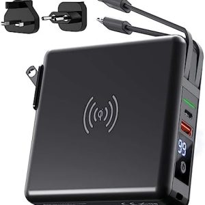 Pwr Travel - 5 in 1 Power Bank - Travel 5 in 1 Power Bank, Portable Charger with Ac Wall Plug & Built-in Cables, Built-in Type-C and Lighting USB Cable 4 Output and 2 Input (Black)